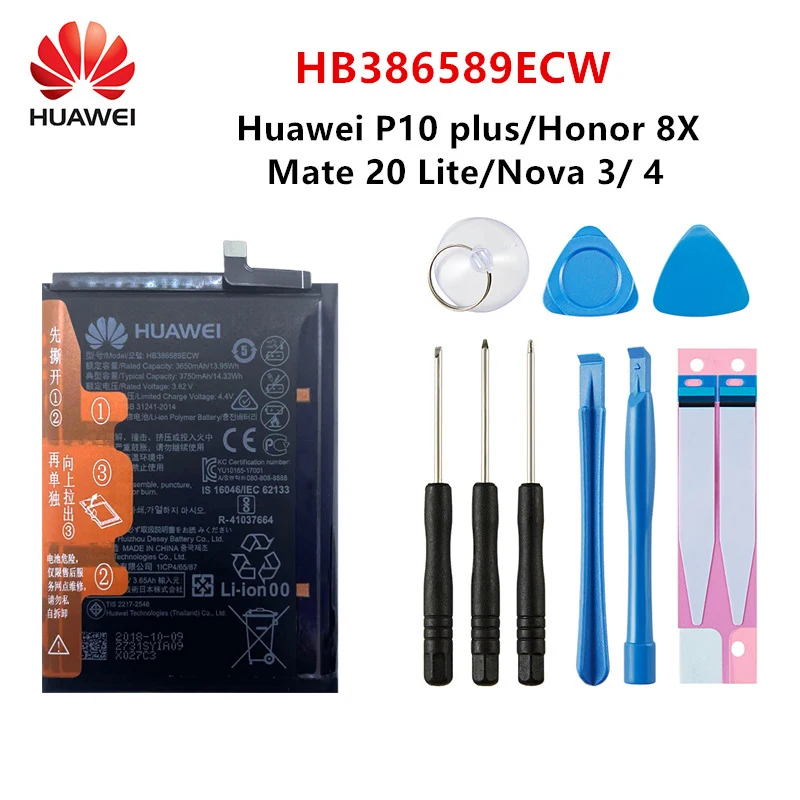 Huawei 100% оригинальный аккумулятор HB386589ECW 3650 мАч для P10 Plus Honor 8X View 10 V10 Mate 20 Lite Nova 3 4