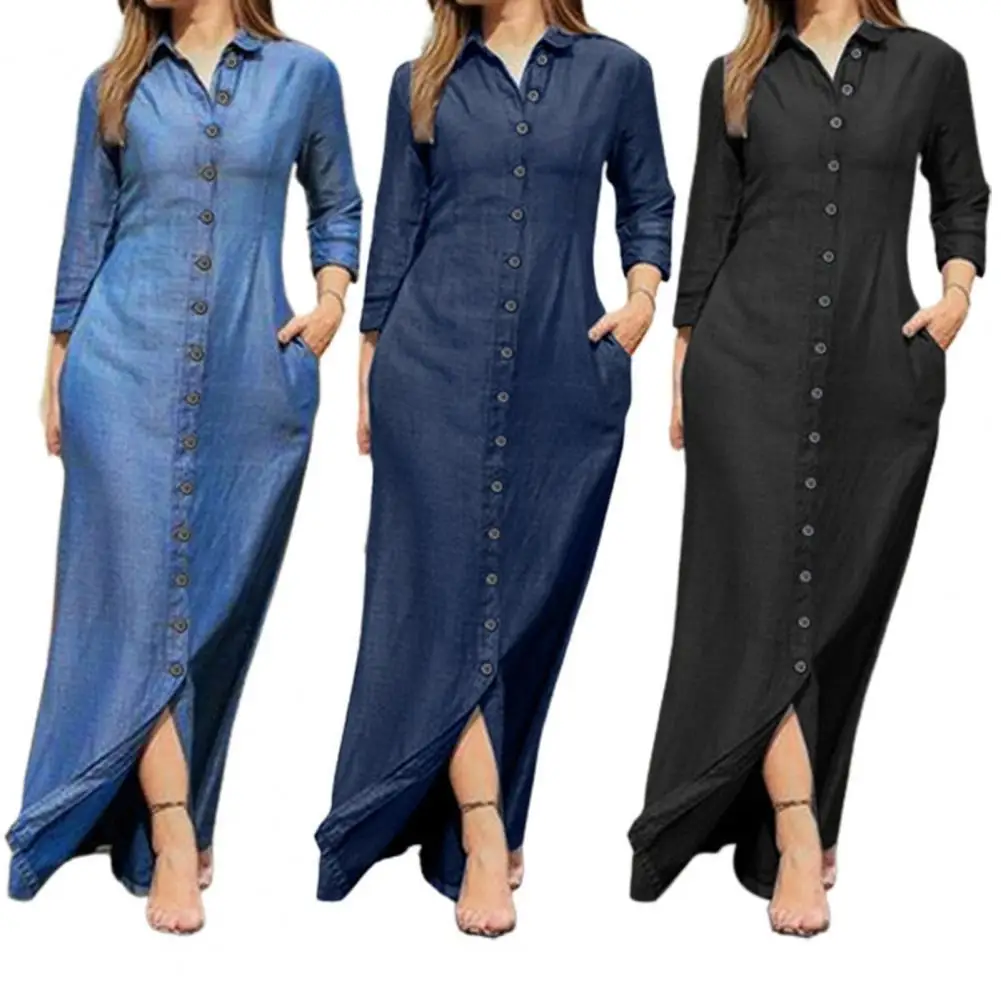 

Women Long Dress Turn-Down Collar 3/4 Sleeve Women Dress Two Pockets Solid Color Single Breasted Denim Maxi Dress Ladies Clothes