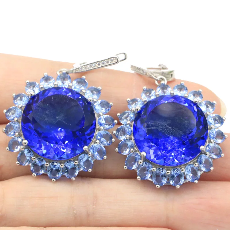 

45x30mm Jazaz Big Heavy 22.5g London Blue Topaz Violet Tanzanite CZ Females Dating 925 Solid Sterling Silver Earrings
