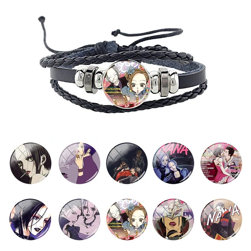

JWEIJIAO NANA Mange Pattern Black Leather Multilayer Rope Bracelet Glass Cabochon Dome Metal Snap Button Bangles Jewelry FHW457
