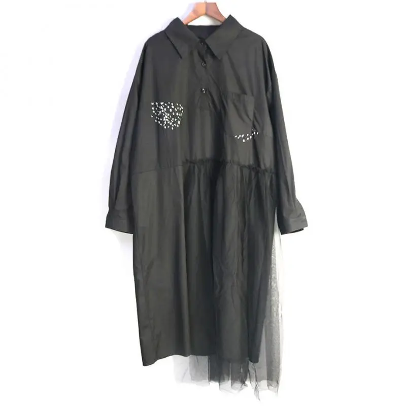 

Tannt Women Dress Mesh Patchwork Long Sleeves Asymmetry Shirts Dresses Irregular Fashion Black Long Casual Dresses 2023 New