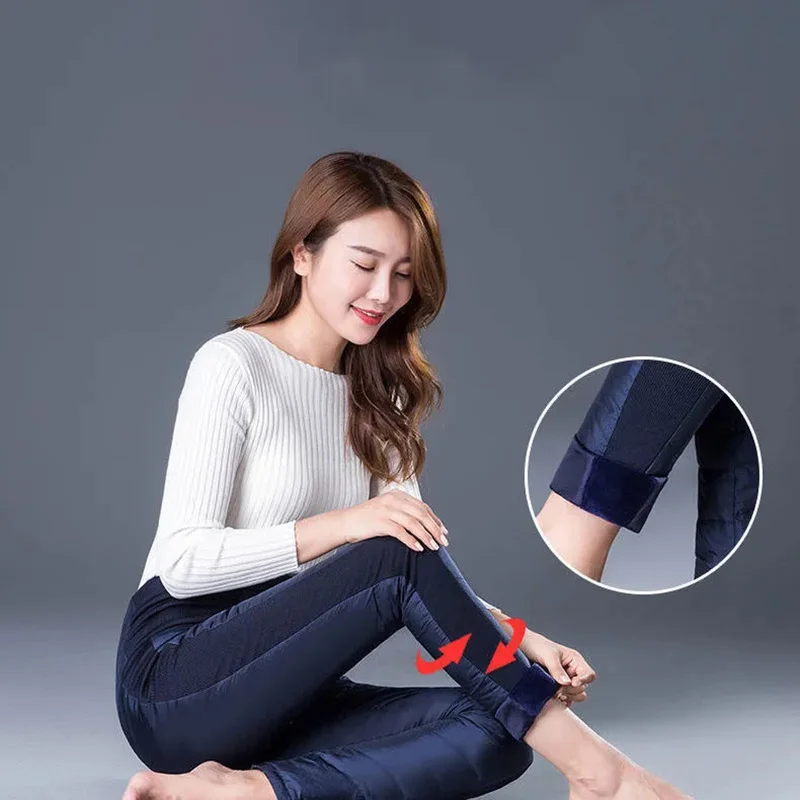 Women's New Winter White Duck Down Pencil Pants Women's Zipper High Waist Down Warm Snow Pants Slim Fit Thickened Pants