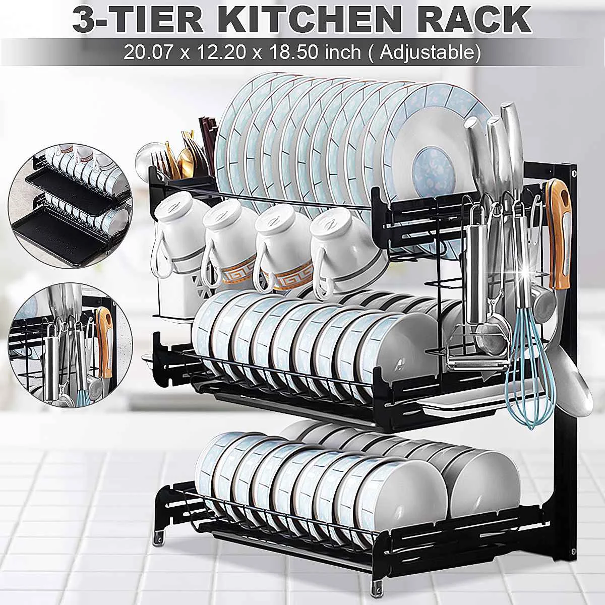 

3Tiers Tableware Drain Rack kitchen Storage Rack Black Draining Dish Rack Chopstick Cage Knife Holder Cup Drying Rack with Hook