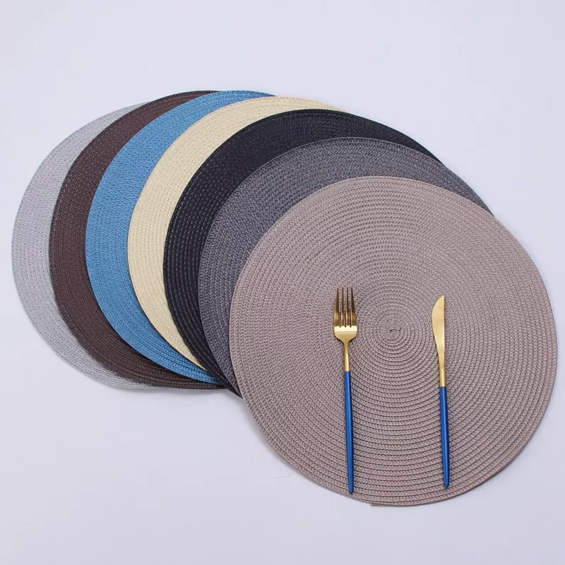 

2022New Round Woven Placemats PP Waterproof Dining Table Mat Non-Slip Napkin Disc Bowl Pads Drink Cup Coasters Kitchen Decoratio