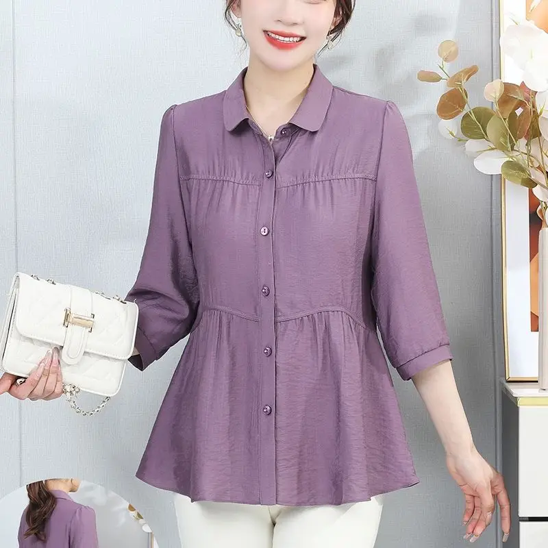 

2023 Spring Summer Womens Solid Color Shirts Fashion Three-quarter Sleeve Turn Down Collar Blouse Female Elegant Patchwork Tops