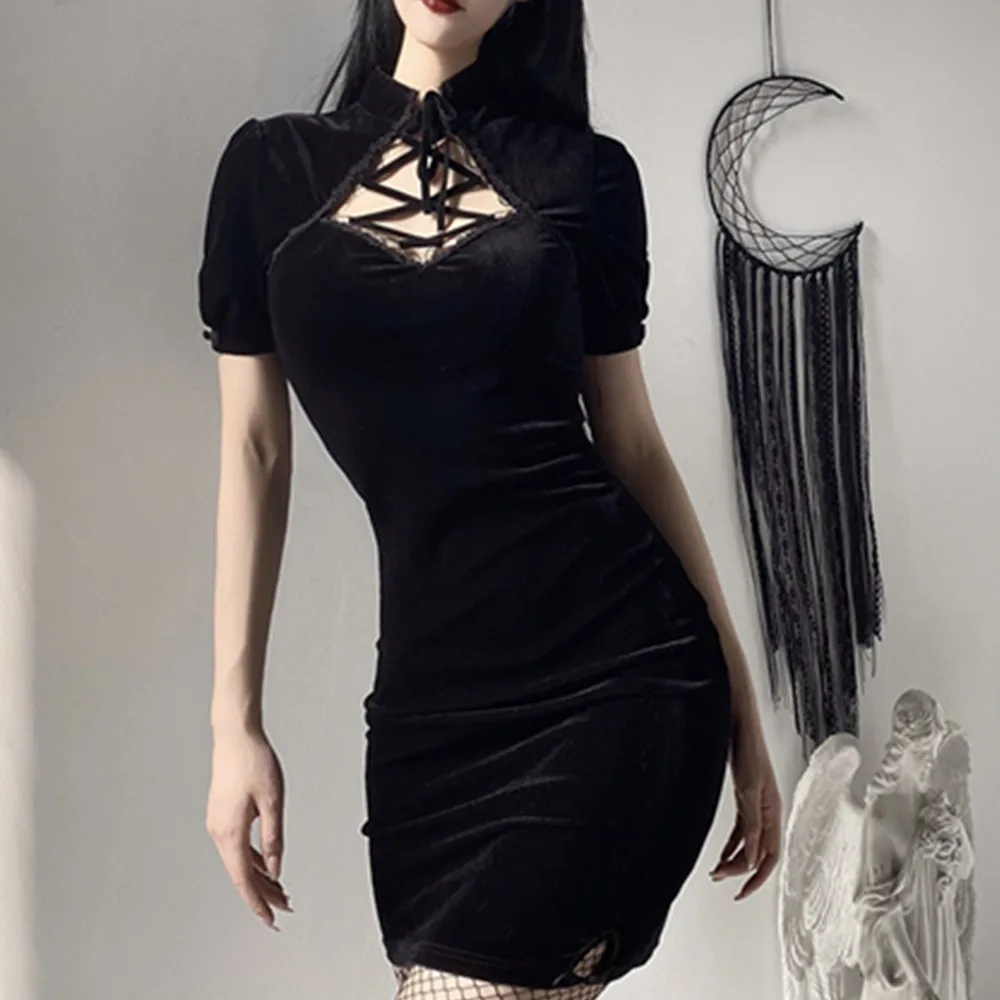 Sexy Side Open Cheongsam Short Gothic Dresses Womens 2023 Summer Harajuku Jurk Black y2k Dress Skinny Vintage Chinese Dresses