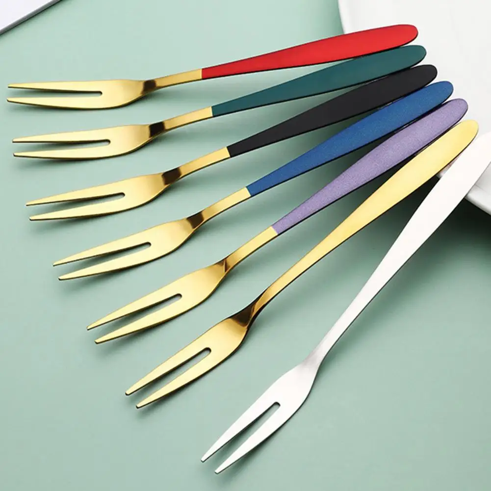 

Stainless Steel Two-tine Fork Fruit Fork set Tableware Multiple Use Snack Cake Dessert Forks Cafeteria Home Flatware