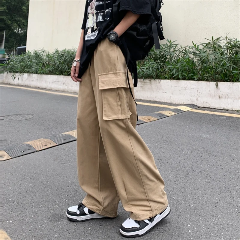 

Брюки-карго хаки для мужчин и женщин, уличная одежда Y2K, черные широкие мешковатые штаны, брюки большого размера с карманами, на завязках в стиле хип-хоп, длиной до щиколотки