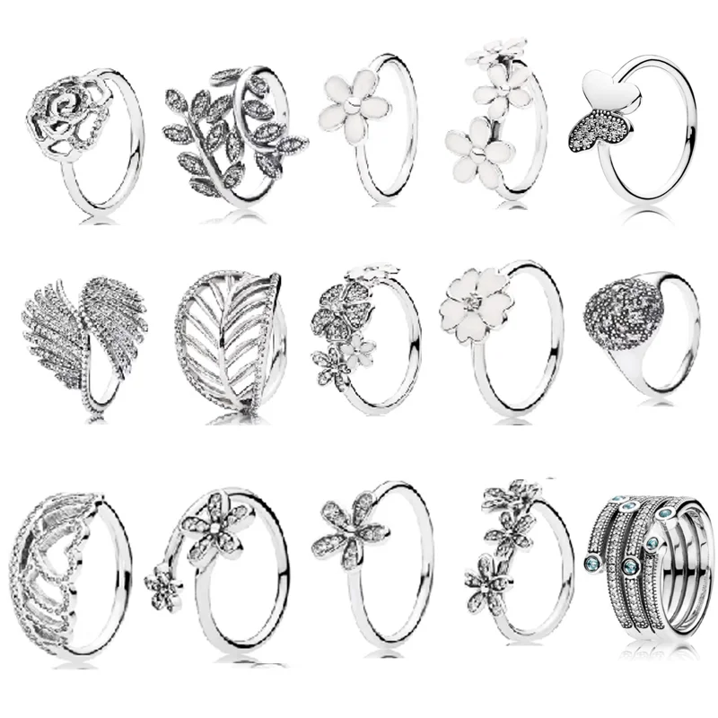 

New In Silver 925 Jewelry Sparkling Cubic Zirconia Openwork Rose Butterfly Crown Heart Leaf Flower Ring For Women Free Shipping