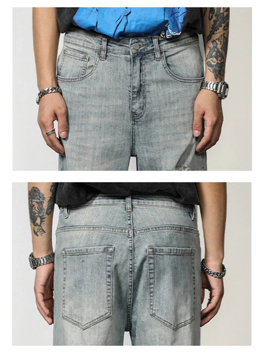 Trendy Ripped Jeans Men's Straight-leg Distressed Denim Trousers Teen Retro Korean Ripped Streetwear Men's Ins Hot Selling Denim
