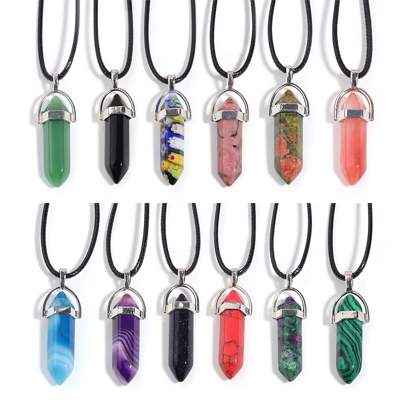 

45cm Hexagonal Bullet Necklaces for Women Fashion Jewelry Reiki Chakra Crystals Natural Stone Necklace Pendant Quartz Pendulum