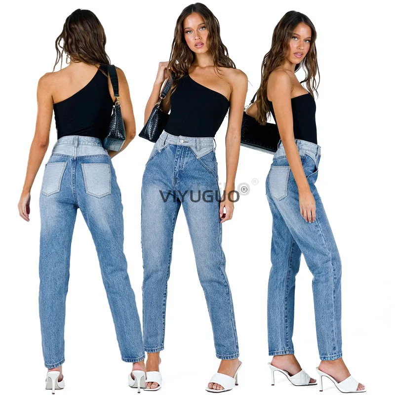 

2022 Autumn Women's New Y2K Jeans American Trend Stitching Straight Pants Polished White Wash High Waist Retro Casual Pants