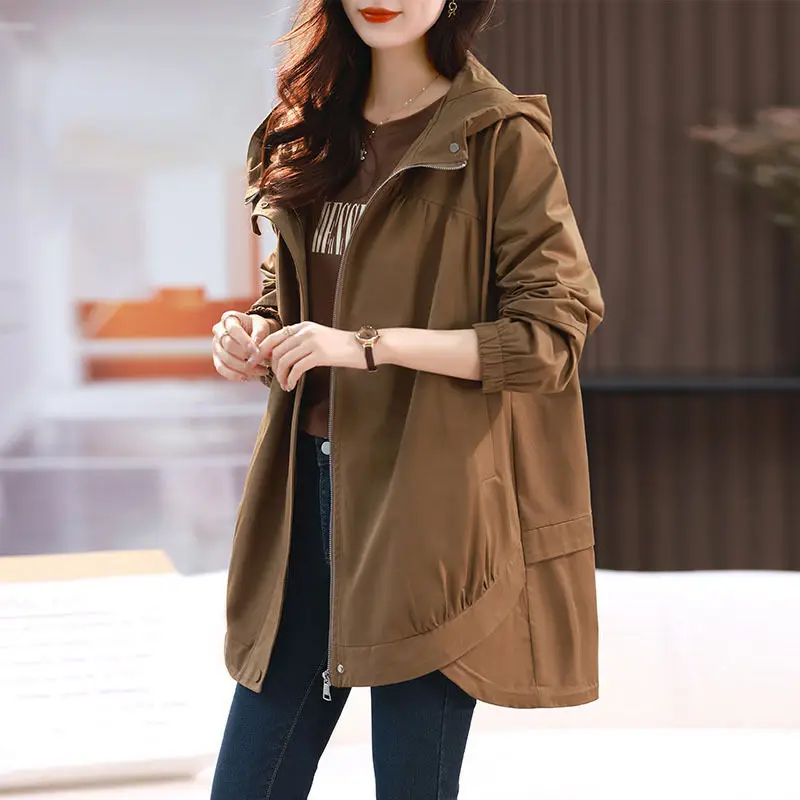 

Женская Повседневная куртка средней длины, свободная однотонная ветровка с капюшоном, модель Z1083 в Корейском стиле на весну и осень, 2023