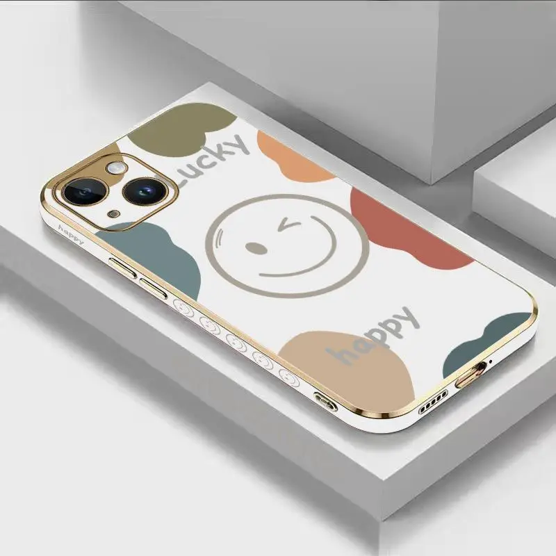

Happy Smiling Face Luxury Plating Phone Case For iPhone 14 13 12 11 Plus Pro Max Mini X XR XS SE2020 8 7 6 6S Plus Cover