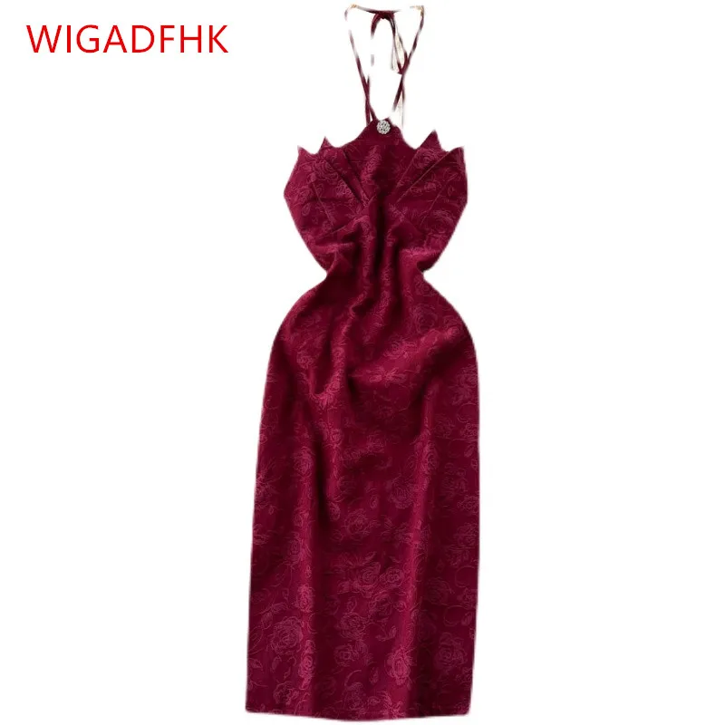 

WIGADFHK Retro Jacquard Slim Fit Slim High-end Party Dress Women's Sexy Halter Neck Strapless Dress Vestidos