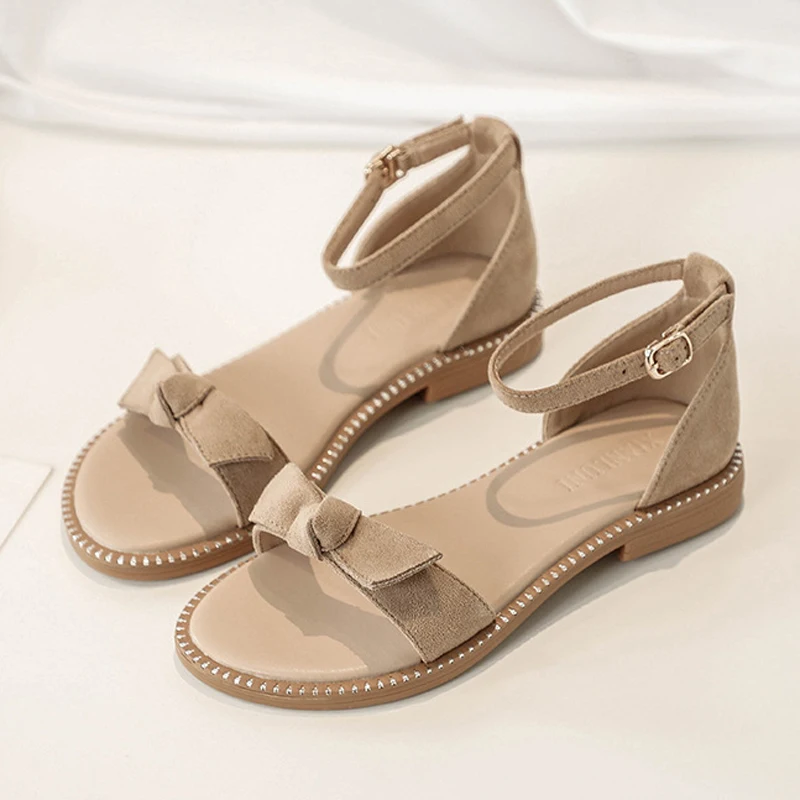 

Real Suede Leather Shoes Woman Bowknot Sandals Classic Ankle Strap Ladies Low Heel Slippers Beach Flipflops Sandales Femmes 2022