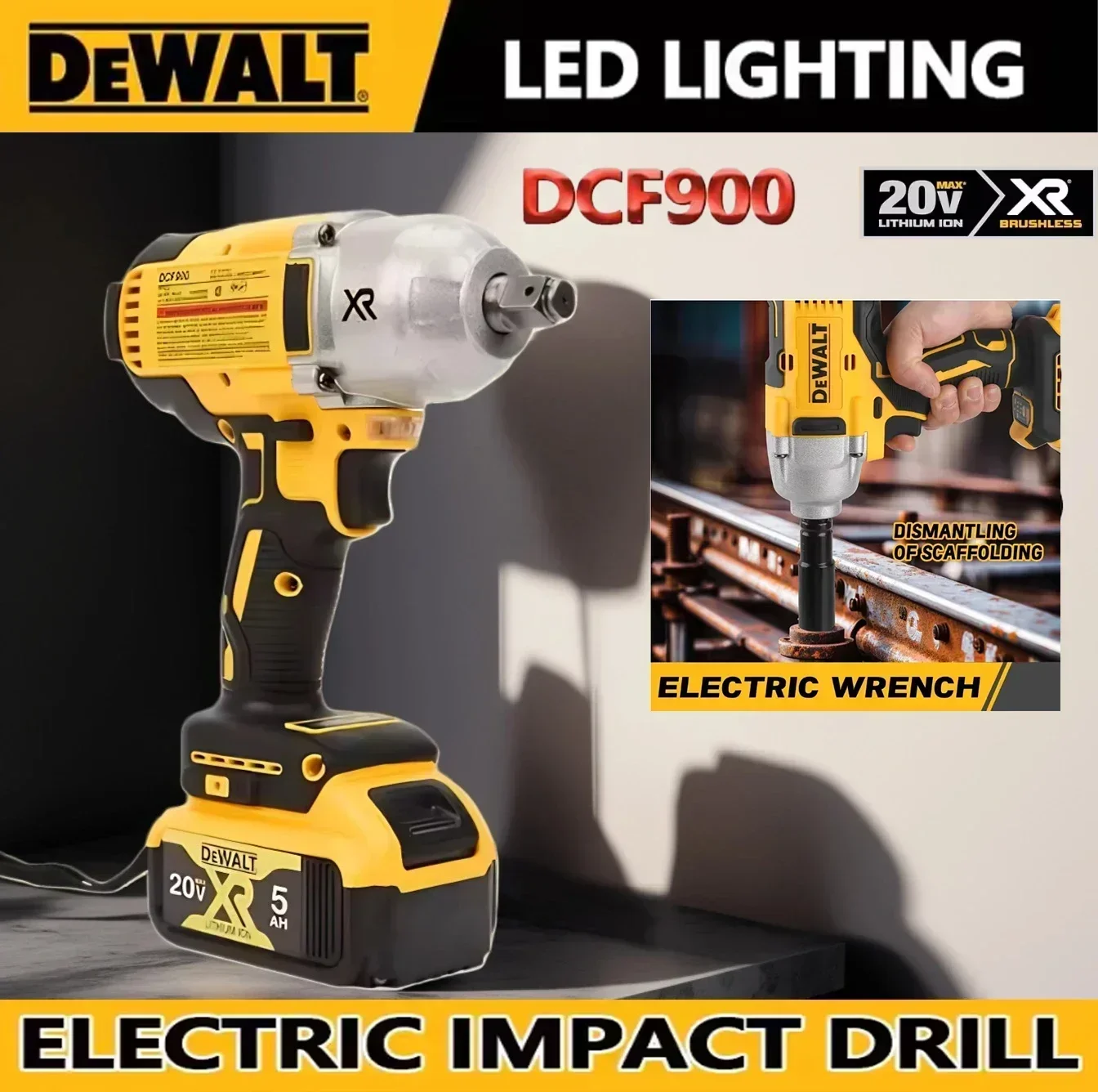 Фото Комплект DEWALT DCF900 Бесщеточный беспроводной ударный гайковерт с высоким крутящим моментом 1/2 дюйма, 1396N. M, зарядное устройство для электроинструмента DEWALT 20 В №3