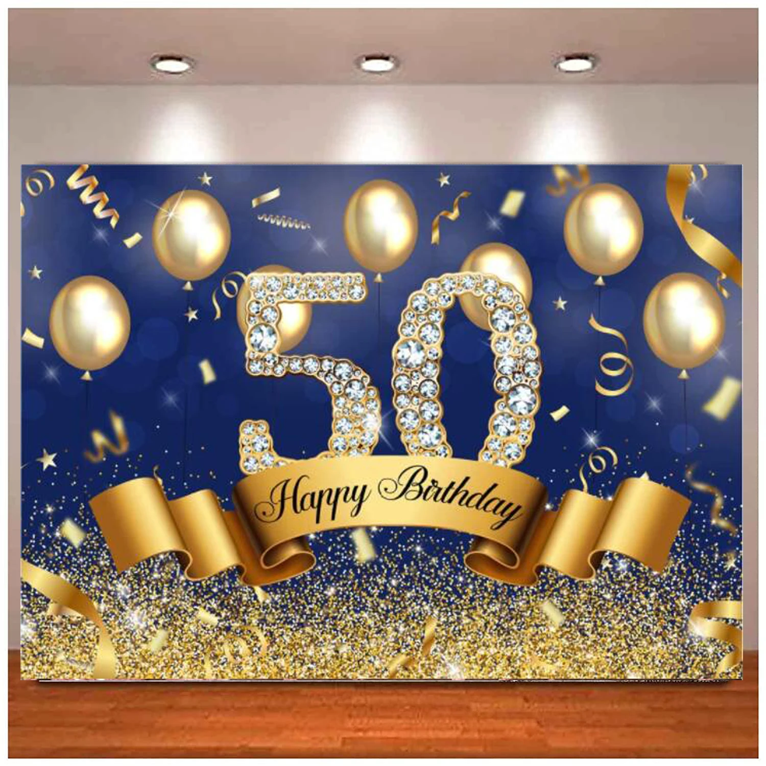 Photography Backdrop Blue and Gold Glitter Balloon Diamonds Background Shiny Men 50th Fifty Years Old Age Birthday Party Decor