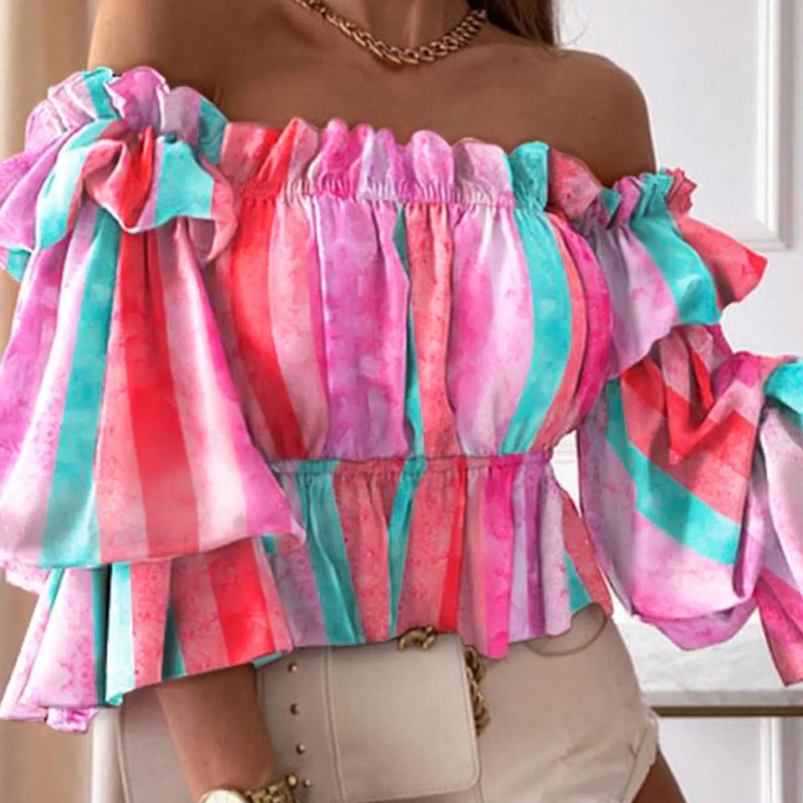 

Summer Off Shoulder Ruffle Women Crop Tops Blouses Casual Long Puff Sleeve Elegant Shirt Fashion Lady Slash Neck Tunics Tops New
