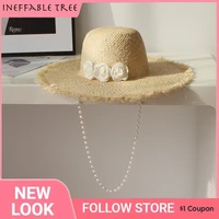 spring summer french vintage straw hat for women eaves and sunbonnet hat pearl with chain aristocratic flat topped hat flowers