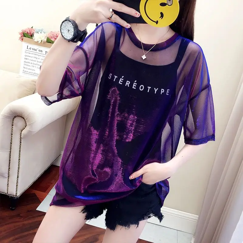 

Summer Net Yarn Letter Printing T Shirt Tops Short Sleeve Loose Tie Dye All-match Pullovers Trend Casual Fashion Women Clothing