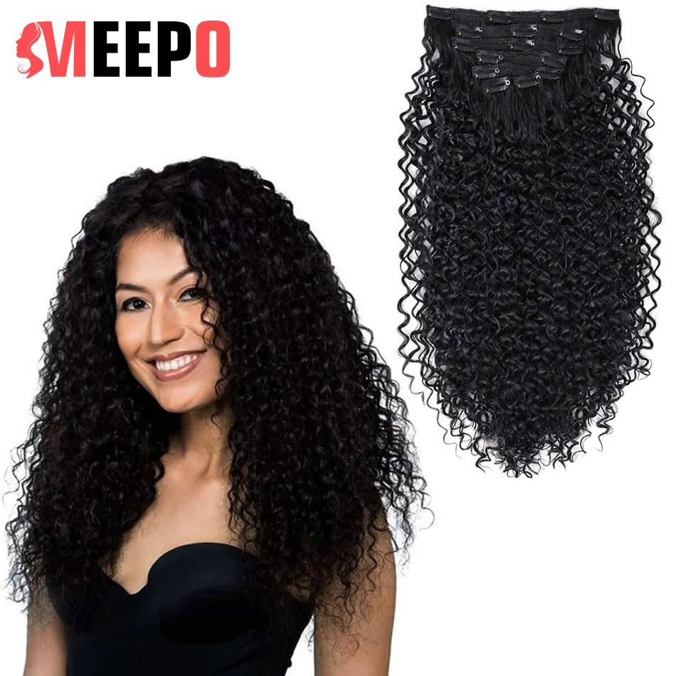 Meepo Clip in Hair Extensions Human Hair Feeling 26Inch 140g Synthetic Curly Clip in Extensions 7Pcs/Set Natural Black Color
