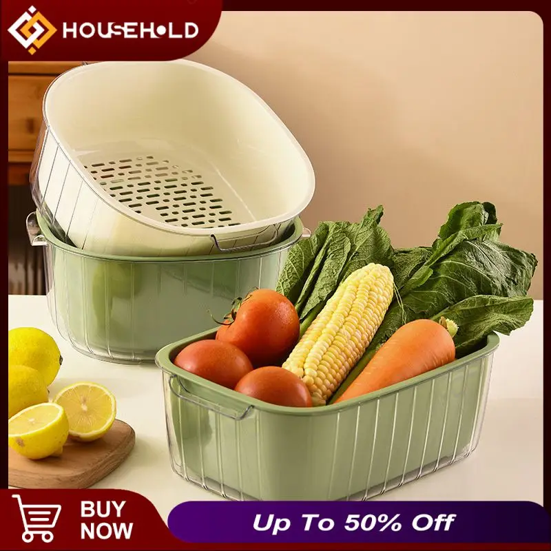 

Plastic Binaural Handle Draining Basket Square Fruit Basket. Double-layer Rice Washing Basket Kitchen Supplies Transparent