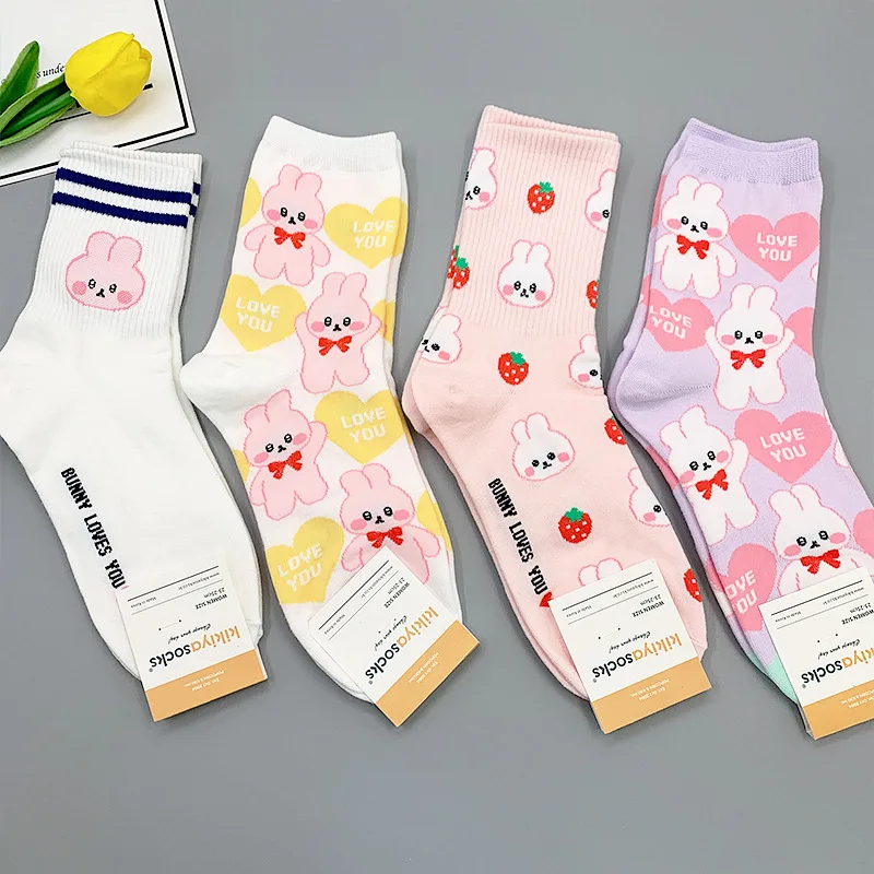 

Женские носки с кроликом, носки с мультяшным принтом для женщин, повседневные кавайные модные носки средней длины с принтом, хлопковые весе...