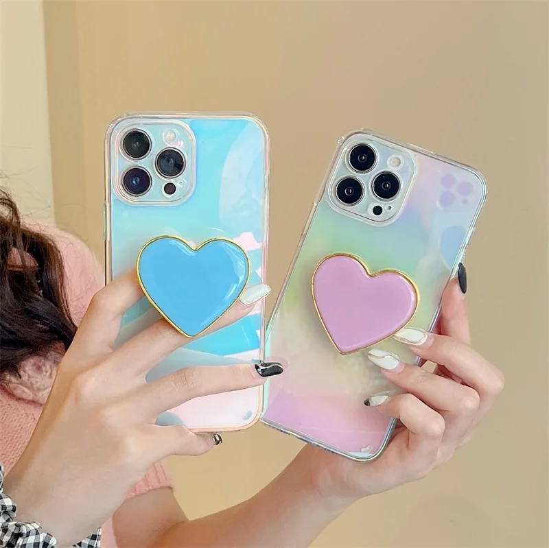 

Love Heart Holder Stand Glitter Gradient Transparent Phone case For Iphone 13 11 12 Pro Max XR X XS Soft Silicon TPU clear Cover