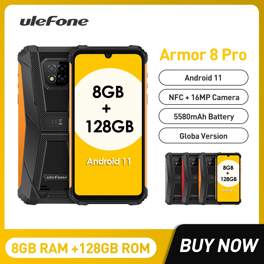 Ulefone Armor 8 Pro 6 ГБ + 128 ГБ Android 11 водонепроницаемый прочный для мобильного телефона смартфон 5580 мАч Helio P60 Восьмиядерный NFC OTG Мобильный телефон