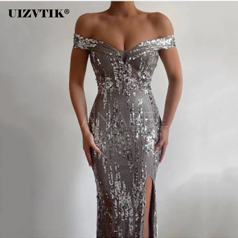 Sexy Sequined Off The Shoulder Split Mermaid Women Dresses 2022 Elegant Strapless Long Evening Party Prom Clubwear Formal Dress