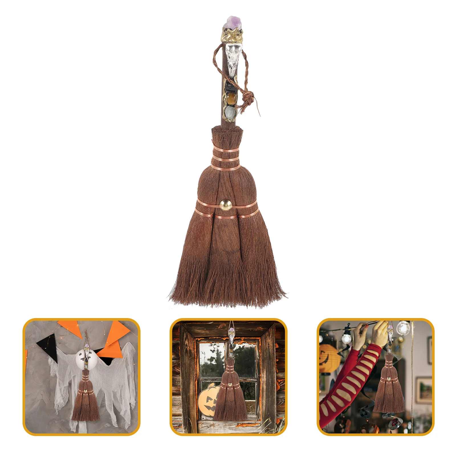 

Mini Broom Halloween Charm Pendant Decorative Prop Crystal Witch Wooden Hanging