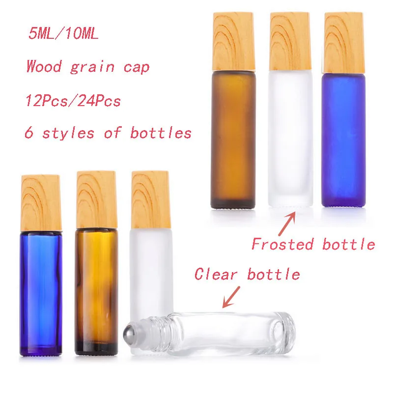 12/24Pcs 5ml10ml Wood Grain Cap Roll On Bottle Thick Frosted/Clear/Amber Glass Perfume Bottle  Refillable Empty Roller Bottle