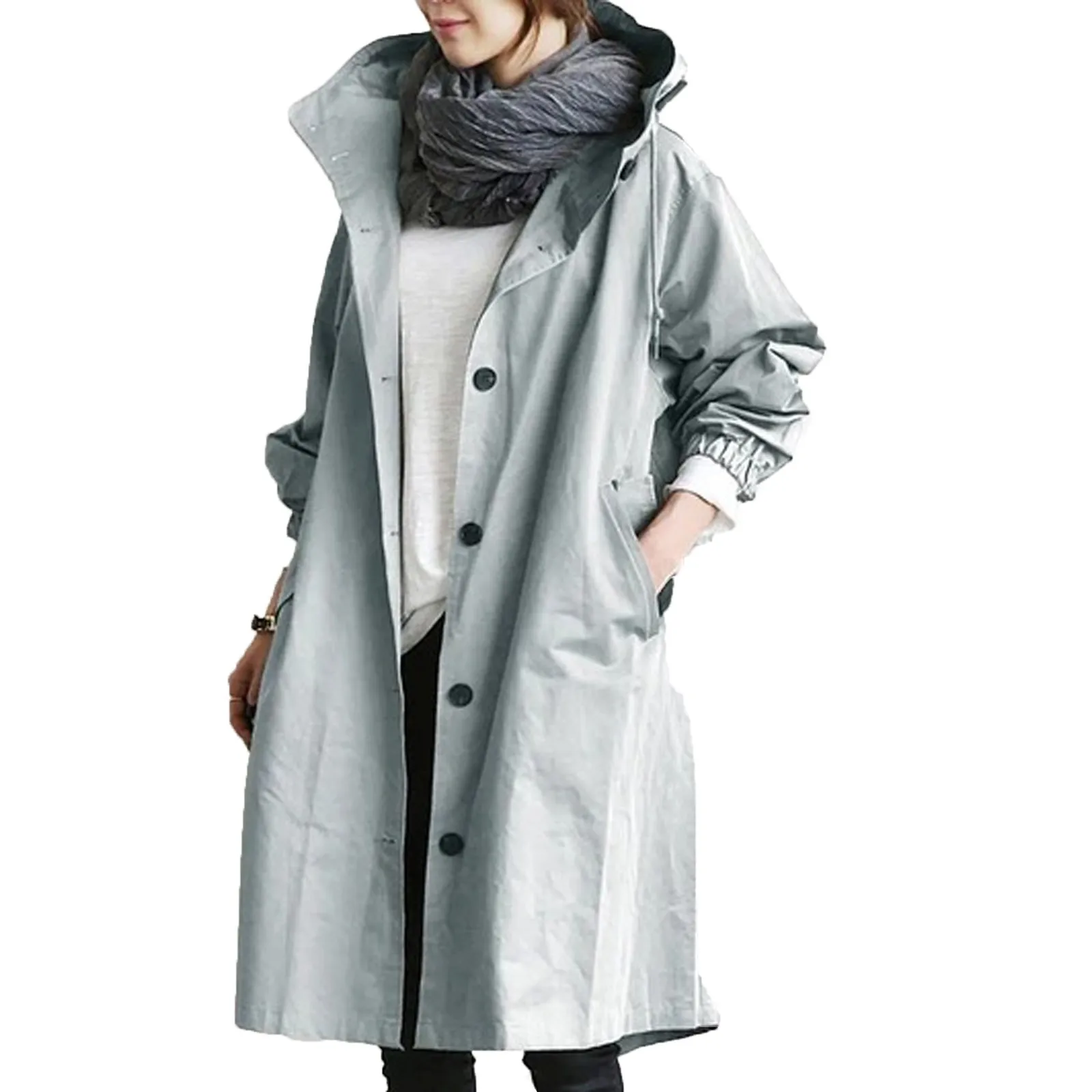 

Тренчкот женский средней длины, модное свободное ветрозащитное пальто с капюшоном, повседневная верхняя одежда в Корейском стиле, большие размеры, весна-осень
