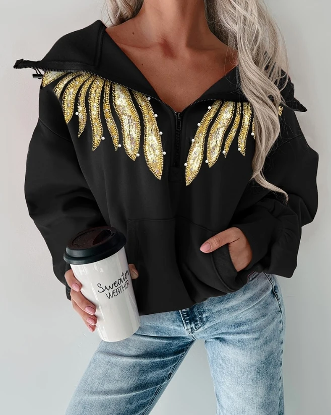 

Women's Sweatshirt 2023 New Fashion Wings Pattern Contrast Sequin Stand Collar Pocket Zipper Design Long Sleeve Sweatshirt