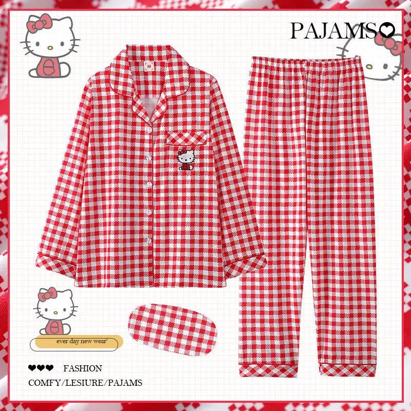 Купи Red Plaid Hello Kitty Pajamas for Women Pure Cotton Pajama Pants Long Sleeves Cartoon Girls Ladies Cute Loungewear Sleepwear за 678 рублей в магазине AliExpress