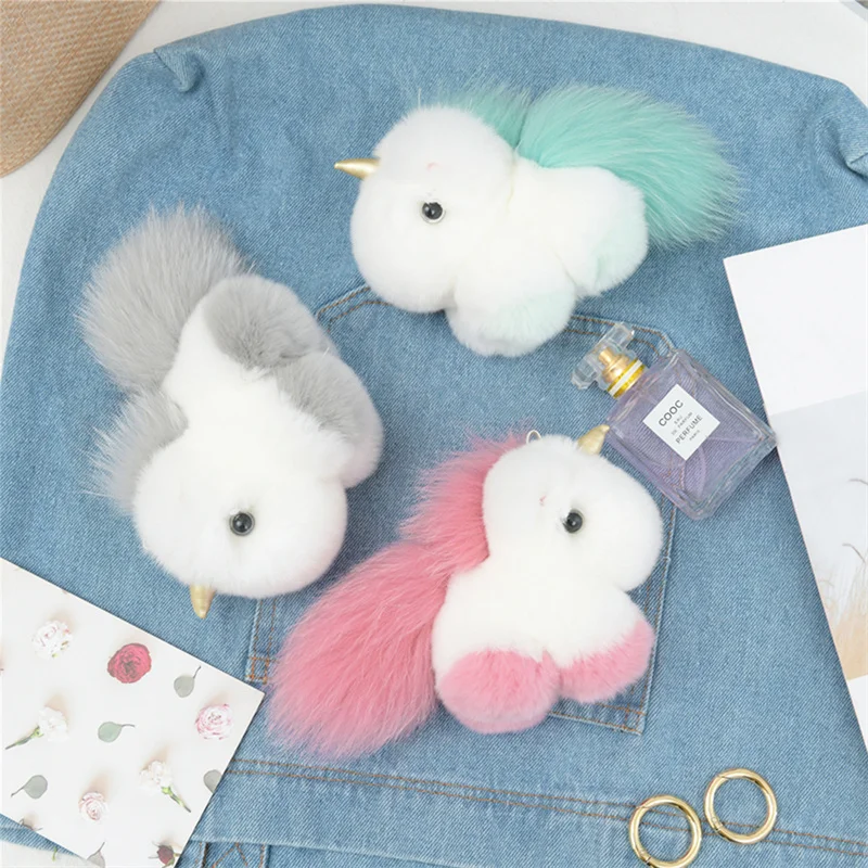 

Women's New Luxury Fur Pendant Rex Rabbit Fur Plush Cute Unicorn Pendant Girl Charm Plush Toy Car Accessories Pendant