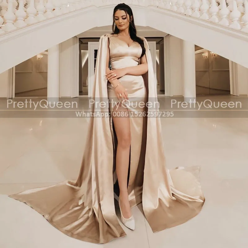 

Champagne Cape Streamers Prom Dresses Sexy Side Slit Plunging Neck Long Mermaid Aso Ebi Women Celebrity Dress Formal