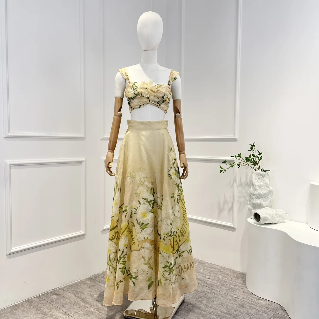 

Top Quality 2023 New Spring Summer Natural Fabric Beach Style Flower Printing Women Vintage Skirt Set