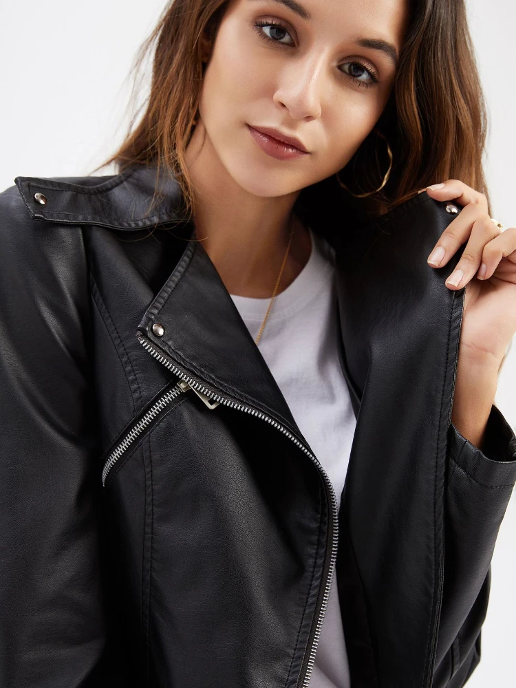 Autumn Turn Down Collar Zipper Black Leather Jacket Women 2022 New Fashion Hem Removable Coat Ladies Casual Motorcycle Jackets