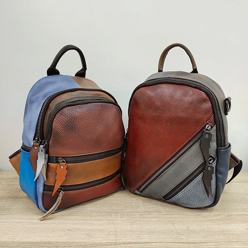 

Top Layer Cow Leather Backpack Contrast Color Series Manual Brush Color Bag Outdoor Leather Backpack Designer Handbag Women Bags