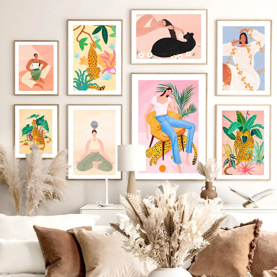 

Abstract Girl Yoga Leopard Flower Leaf Plant Wall Art Print Canvas Painting Nordic Poster Boho Decor Pictures For Living Room