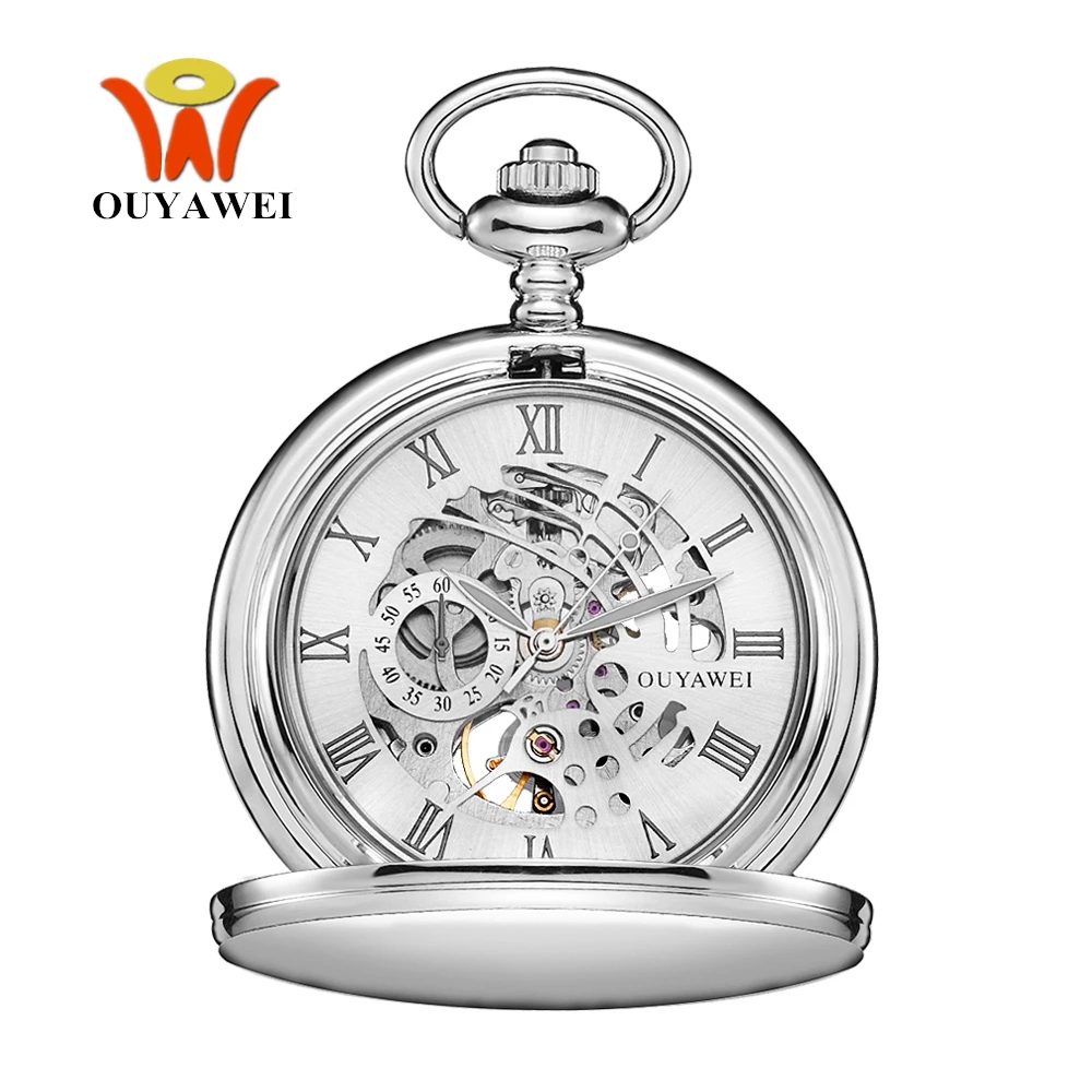

New OYW Brand Stainless Steel Men Fashion Casual Pocket Watch Skeleton dial White Hand Wind Mechanical Male Fob Chain Watches