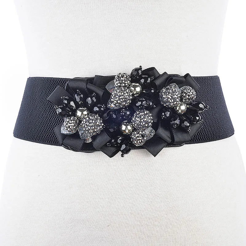 

New Handmade Flower Elastic Belt Women's Decorative Wide Dress Waist Seal Fur Accessories Black Belts Autumn Drop Shipping
