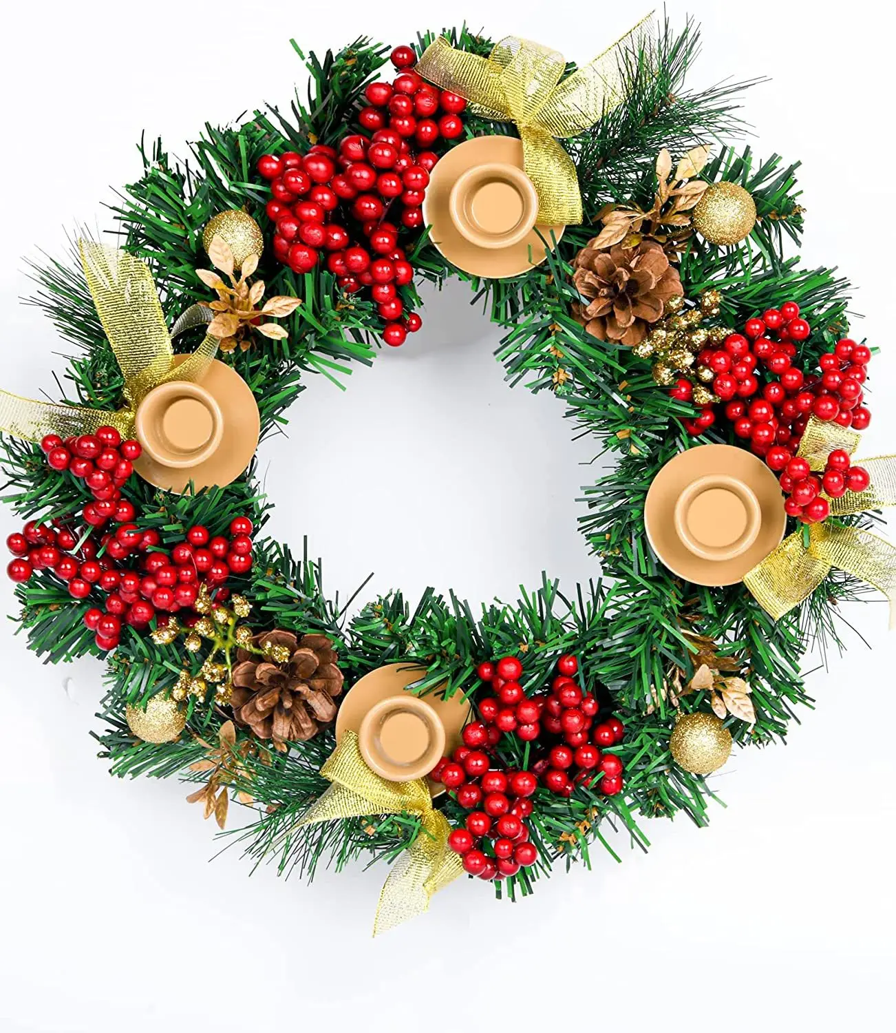 

30cm Christmas Candlestick Wreath With 4 Candle Cups Candle Holder For Home Decorations Dining Table Door Wreath Decor 2024