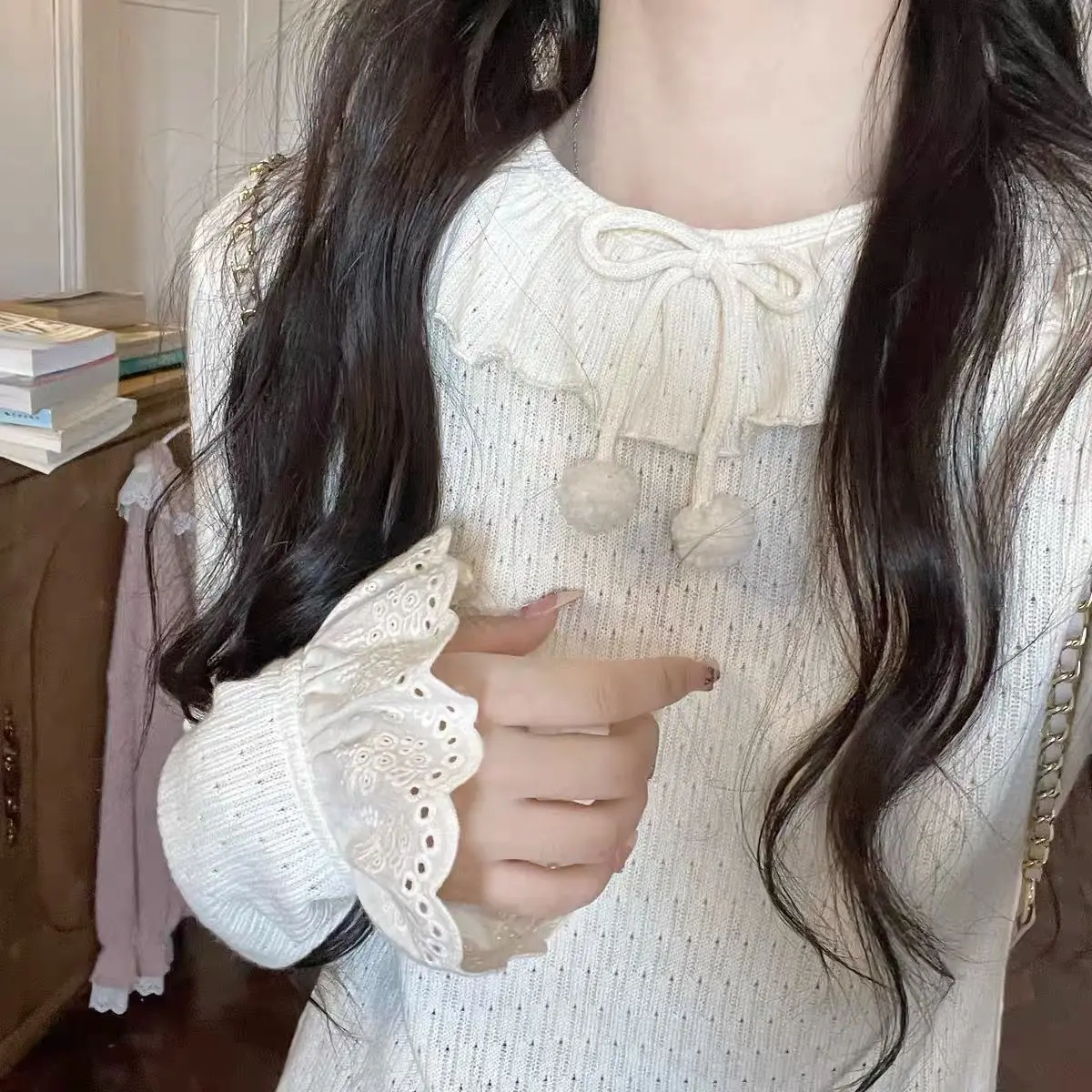 

Японская Милая Кружевная футболка с оборками, Женский Повседневный тонкий однотонный приталенный базовый топ с оборками в стиле преппи, же...