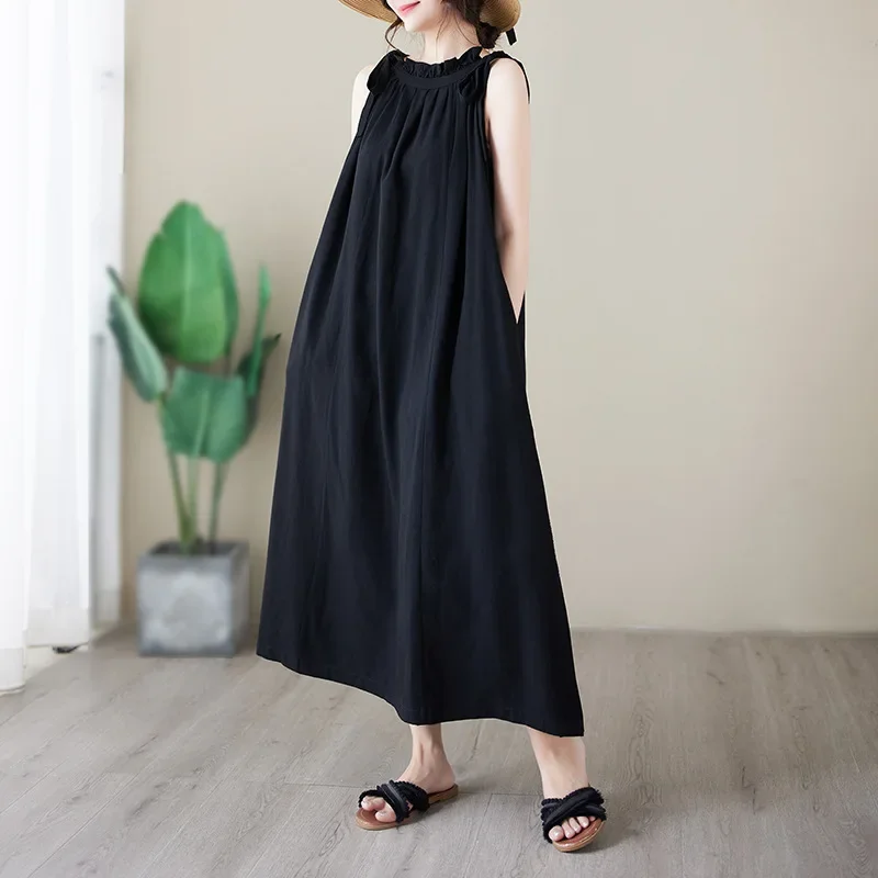 2024 Summer New Fashion Pure White Vacation Style Korean Version Watermark Printing Halter Neck Tying Long Dress