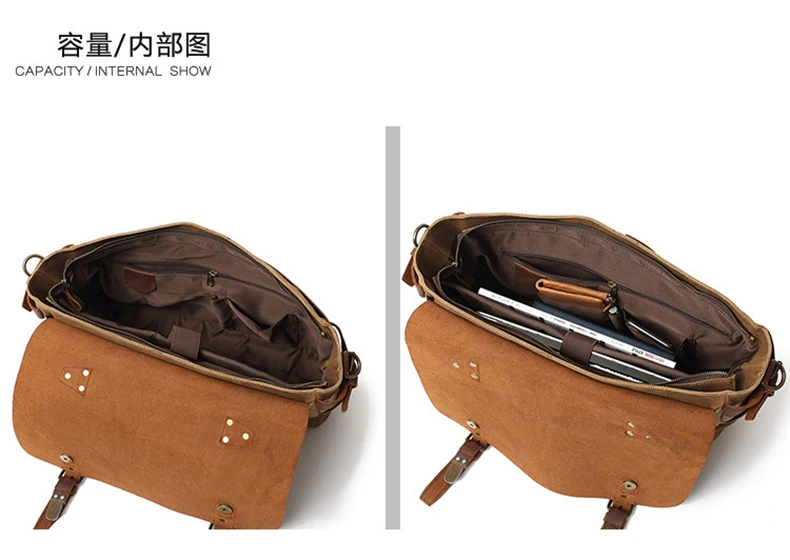 Retro multifunctional canvas genuine leather men's briefcase waterproof motorcycle side bag business travel work laptop handbag