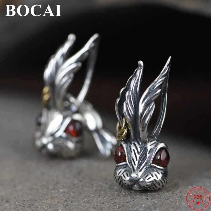 

BOCAI S925 Sterling Silver Earrings for Women New Fashion Asymmetric Rabbit Ear Studs Pendants Argentum Jewelry Free Shipping