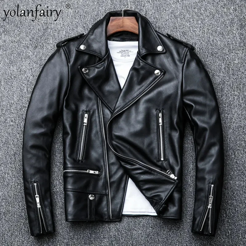 

Мужская кожаная куртка с лацканами, черная приталенная мотоциклетная куртка из овечьей шкуры, верхняя одежда, верхняя одежда,